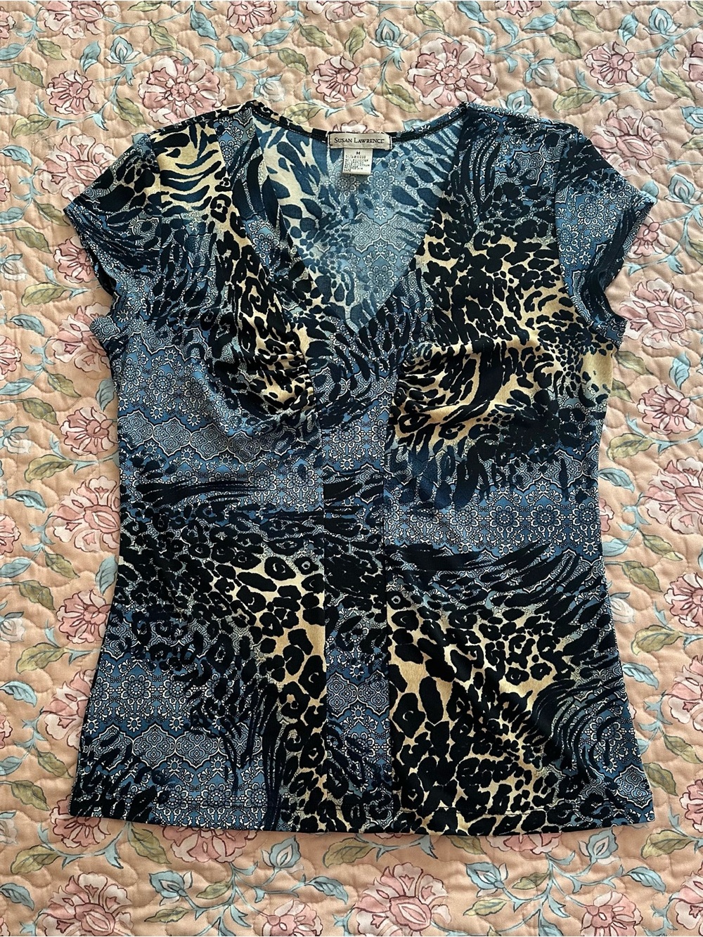 Susan Lawrence Blue Black & Tan Tiger Cheetah Boho Floral Print Women's Top